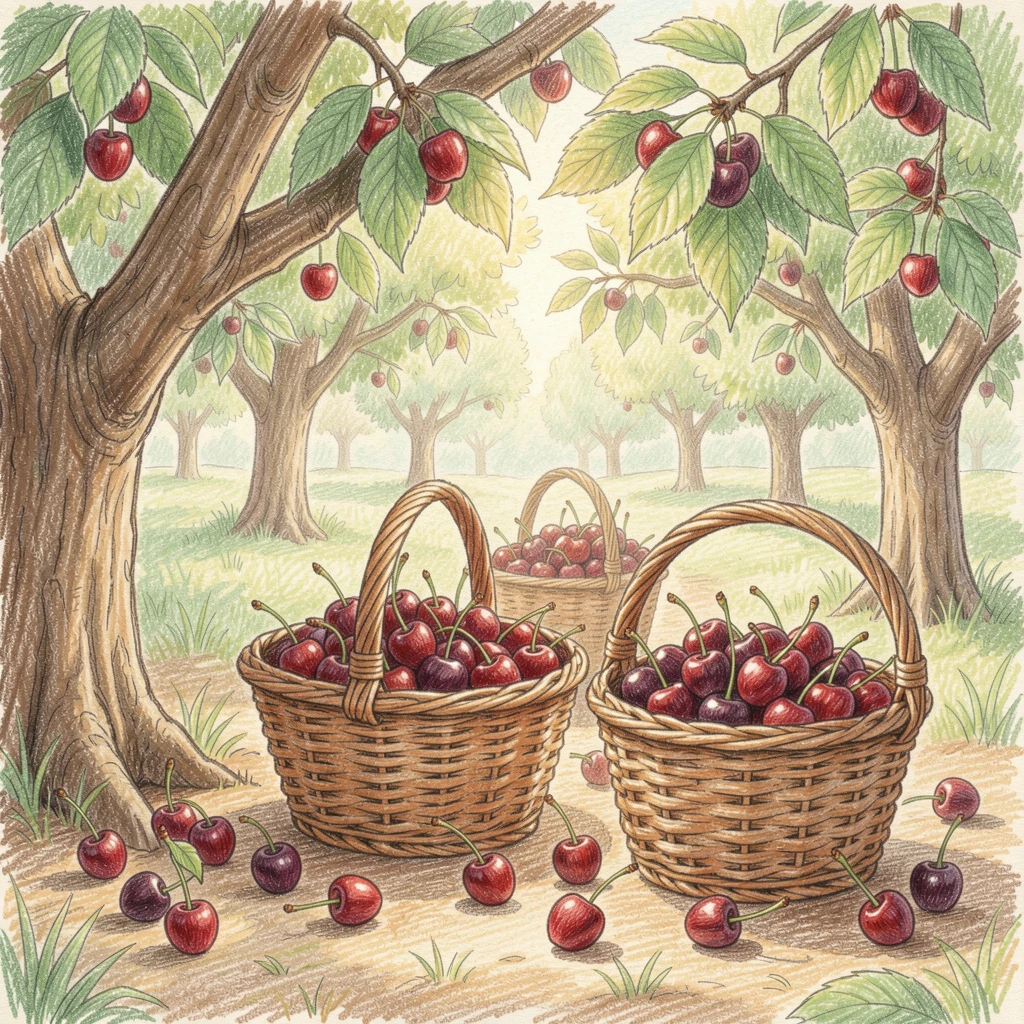 A pastoral orchard with baskets of freshly picked cherries, with rich, inviting textures throughout the scene, perfect for anyone drawn to gentle, heartfelt imagery.