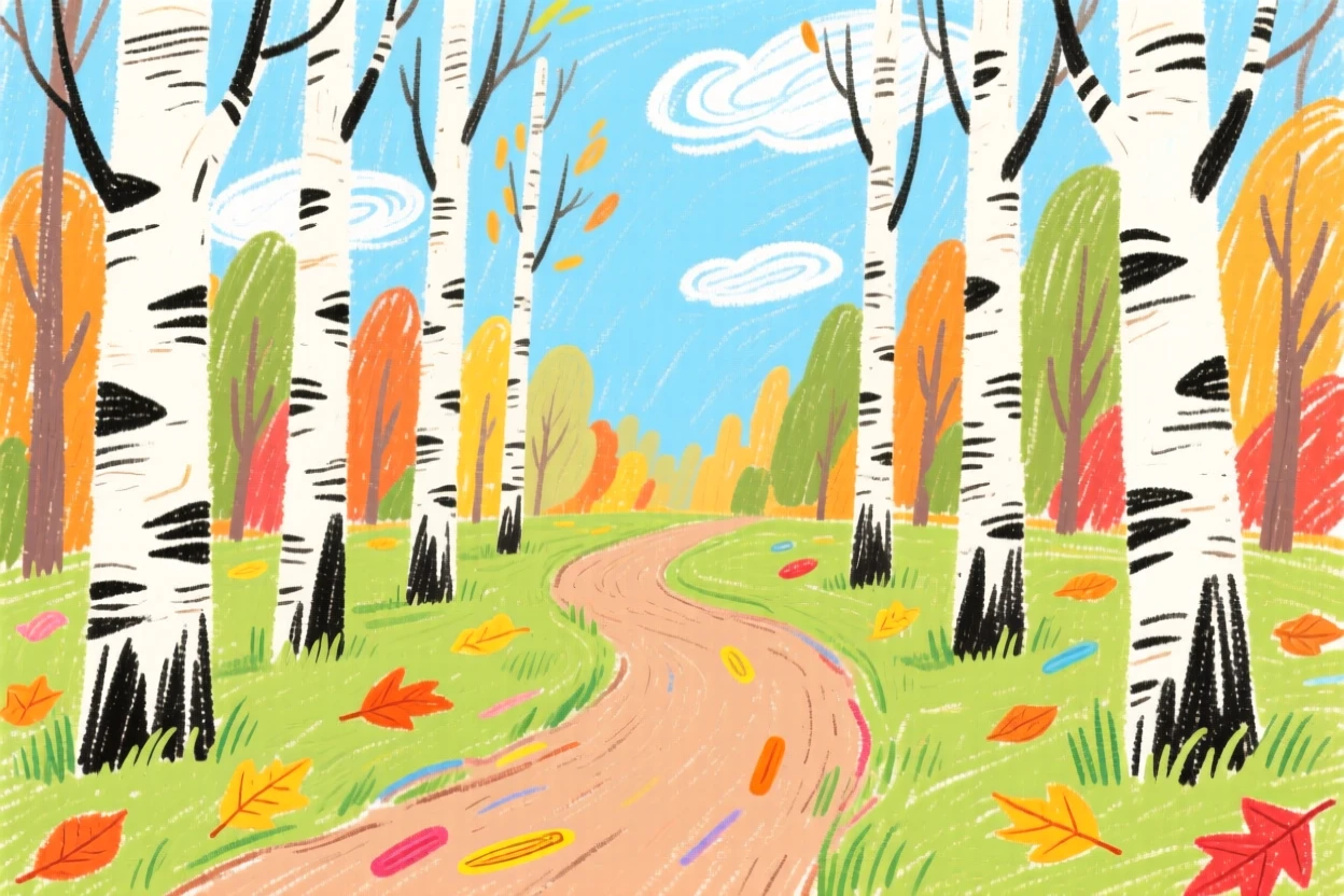 A grove of birch trees with white bark lining a forest trail.