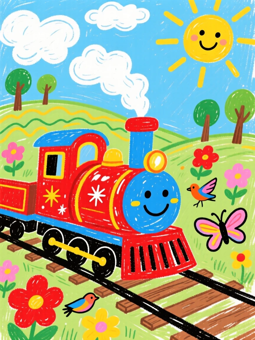 A shiny steam locomotive driving through a sunny countryside.