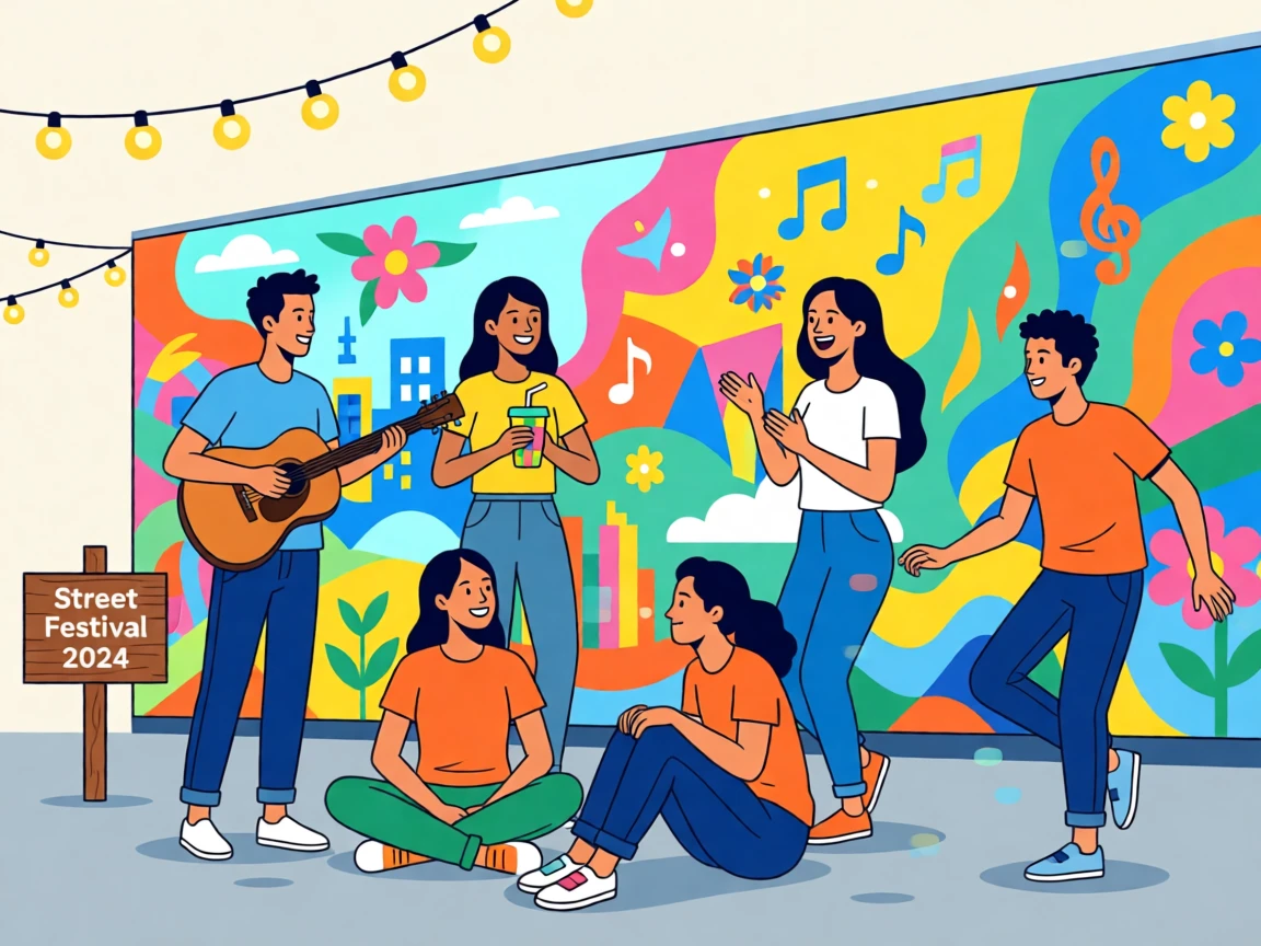 A group of friends enjoying a lively street festival with music, set against a colorful mural-covered wall, arranged with a fresh, contemporary sense of composition, with a sense of community and connection in every detail.
