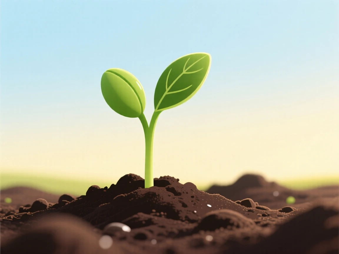 A single seedling breaking through freshly turned soil in spring.