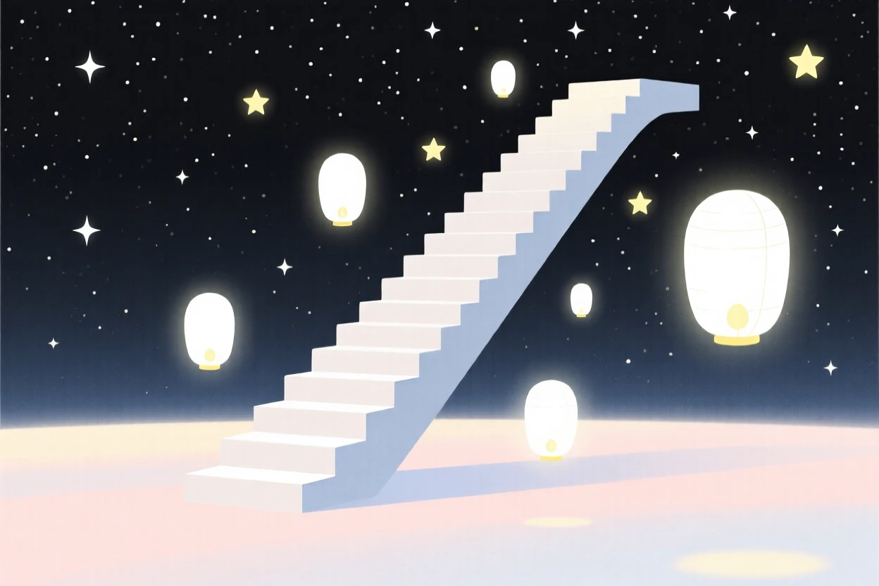 A dreamlike staircase spiraling into the stars rising from a surreal pastel-colored horizon, filled with floating lanterns, evoking gentle magic.