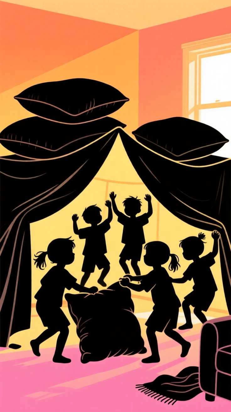A group of children building a fort out of couch cushions and blankets.