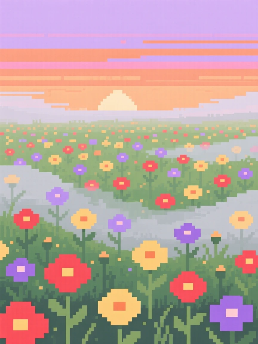 A field of wildflowers wrapped in a light morning mist, under a sky painted with the colors of sunset.