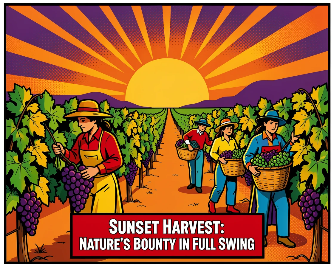 A vineyard during a peaceful sunset harvest