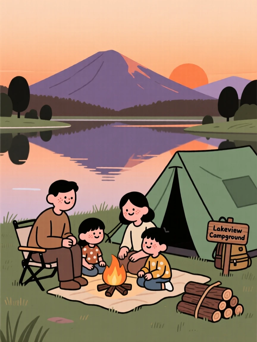 A family sets up camp beside a quiet lake as a soft orange sunset fades behind the mountain ridge, sharing stories around a small fire.