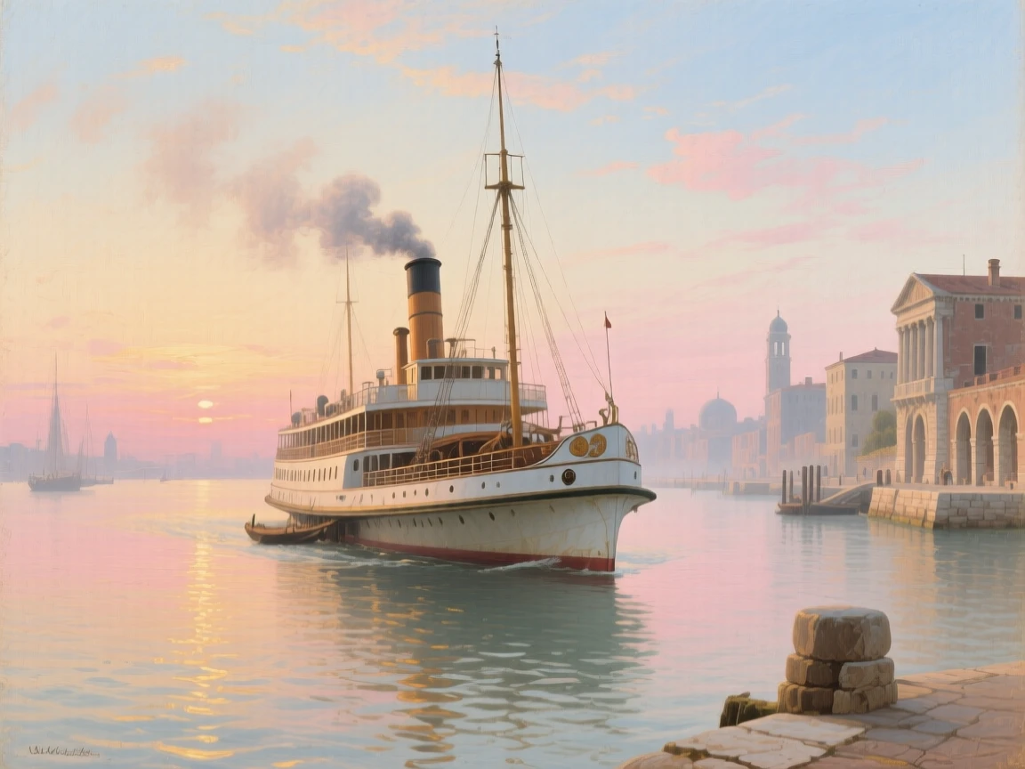 A centered composition of a steam ferry crossing a wide harbor at dawn, in the Renaissance period, in early morning light.