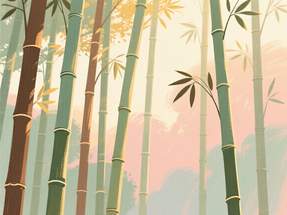 A tranquil bamboo forest with sunlight filtering through tall stalks