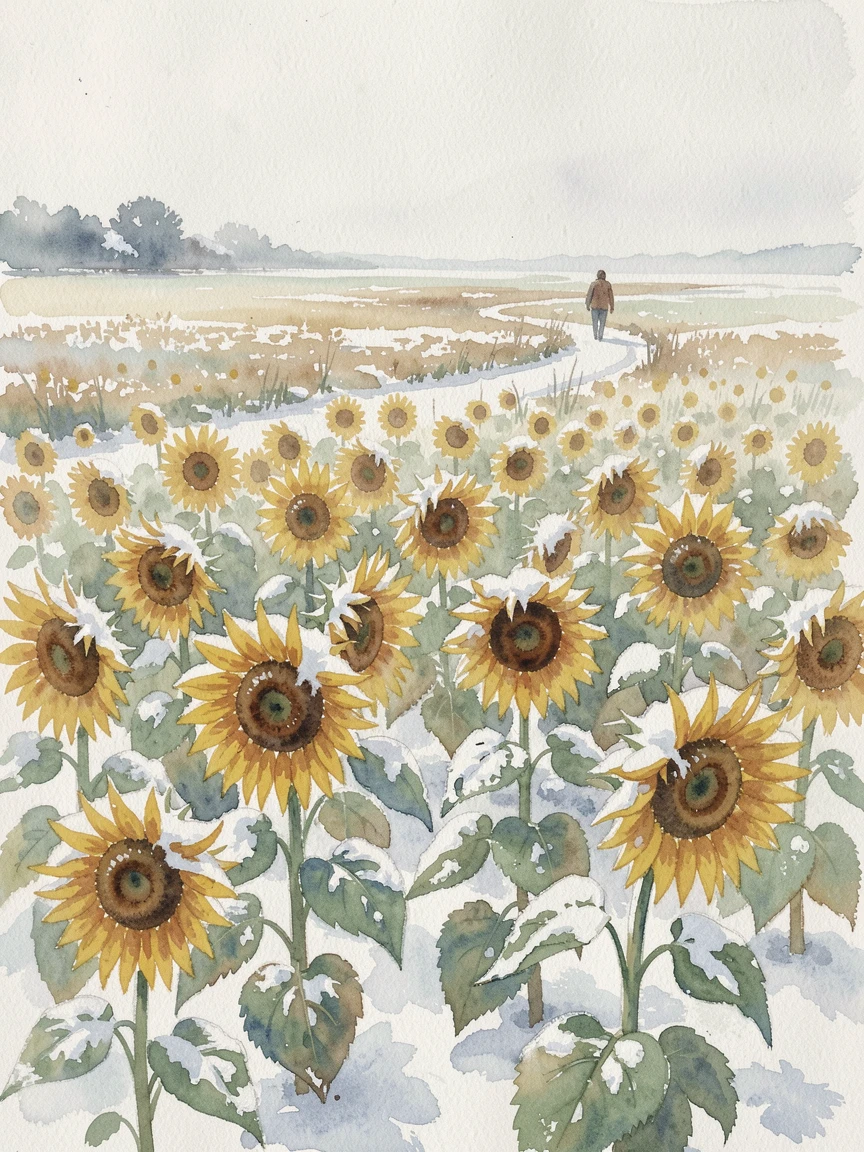 A field of sunflowers during the first snowfall with a lone traveler walking a distant trail.
