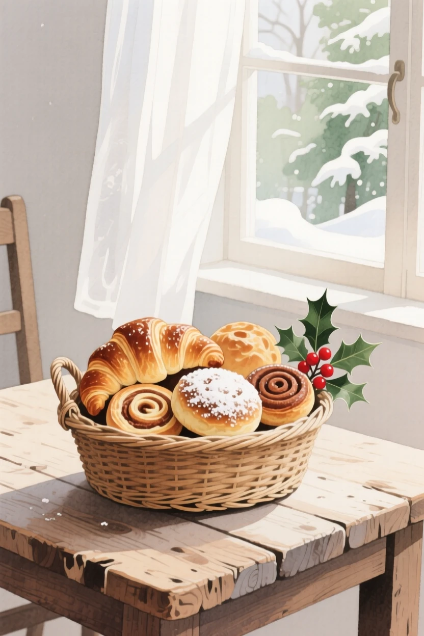 A basket of pastries sits on a rustic wooden table by a window at a festive holiday table, arranged beautifully for a delightful meal