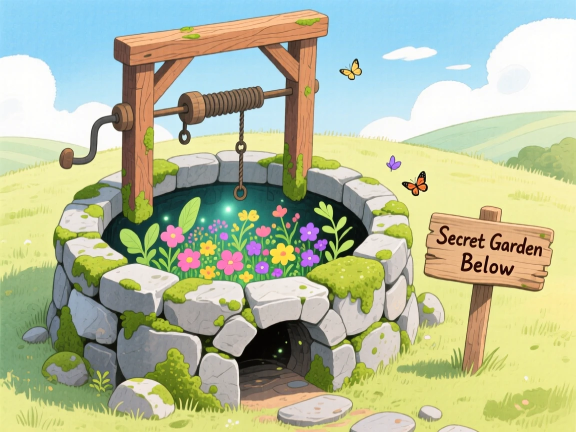 A wondrous view of an old stone well leading to a hidden underground garden.