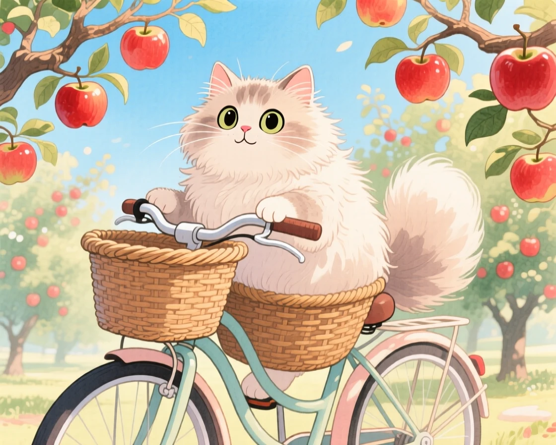 A fluffy persian cat riding in a wicker bicycle basket, set in an orchard heavy with ripe apples, filled with wide-eyed wonder.