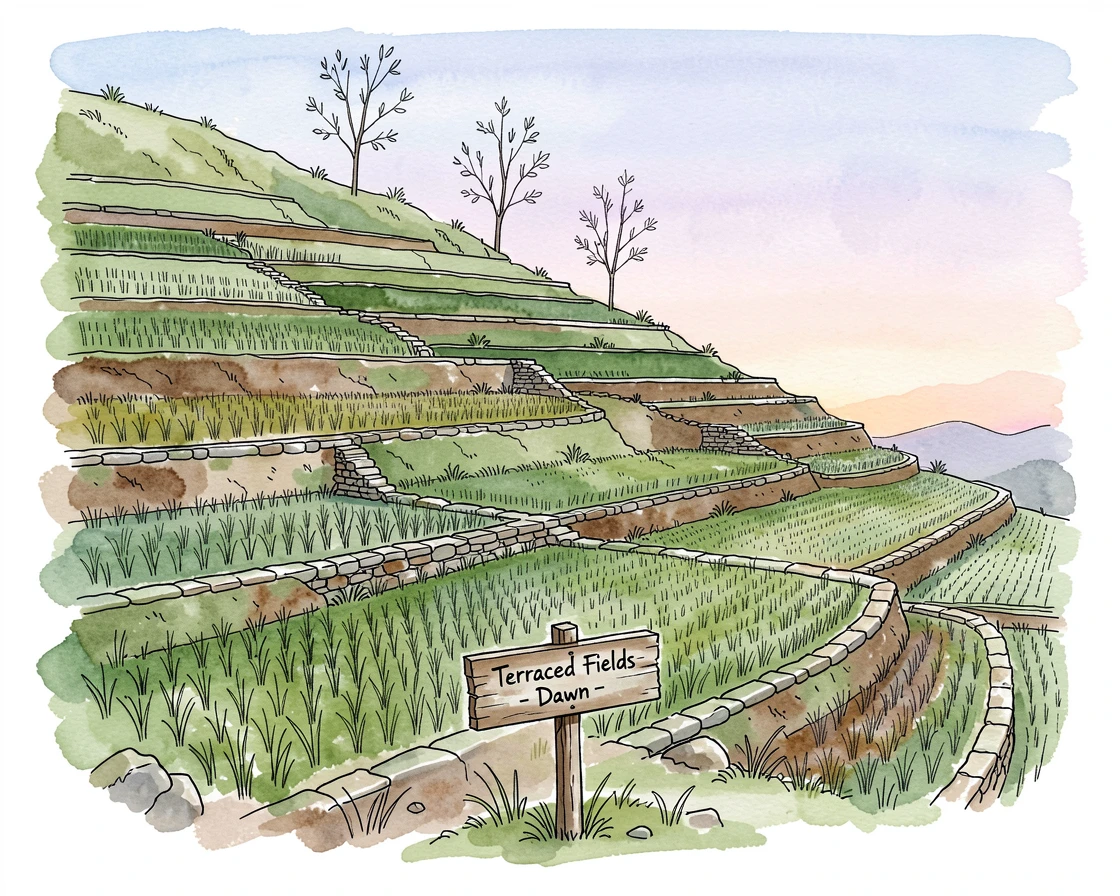 A patchwork of terraced farmland climbing a steep green hillside, birdsong drifting through the stillness of early morning.
