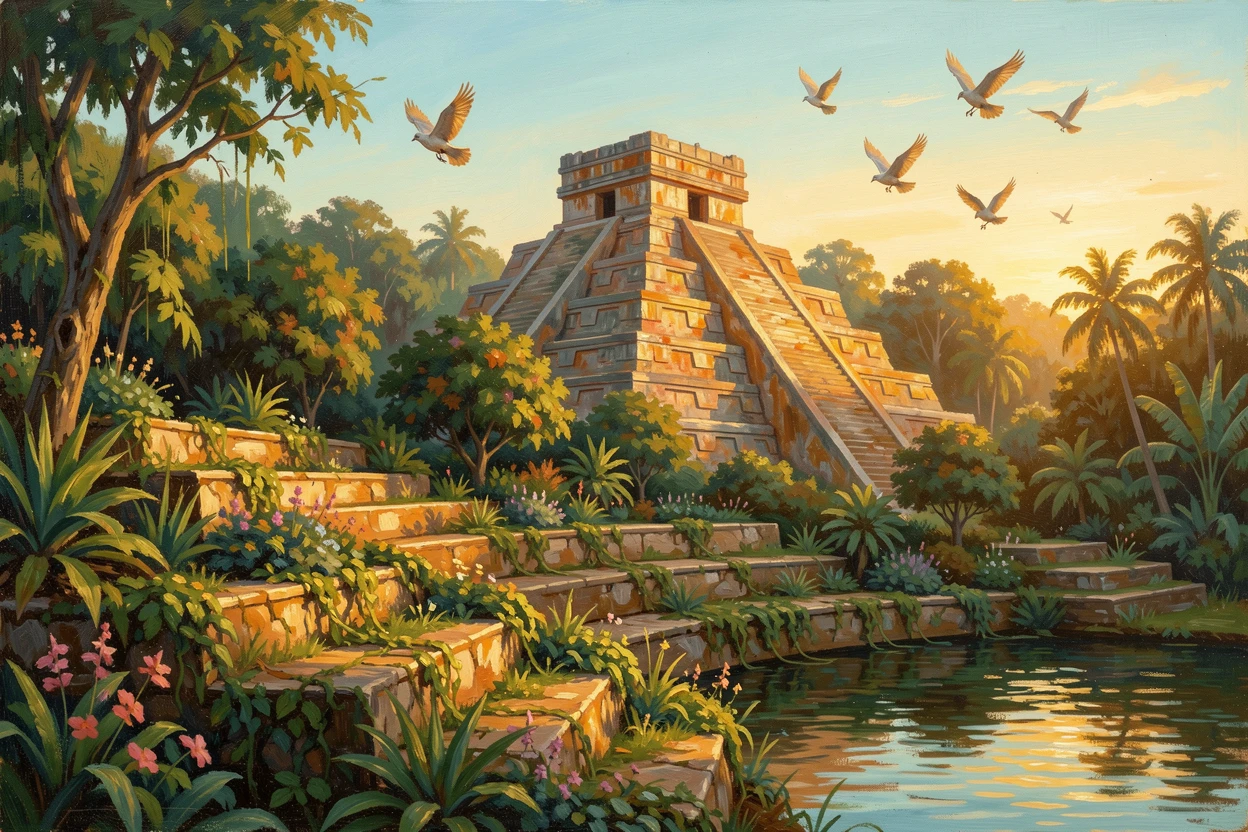 Beside terraced gardens that step down toward the water, an ancient stepped pyramid rising above the jungle canopy, birds circling above the weathered rooftops, at golden hour, warm light bathing every surface.