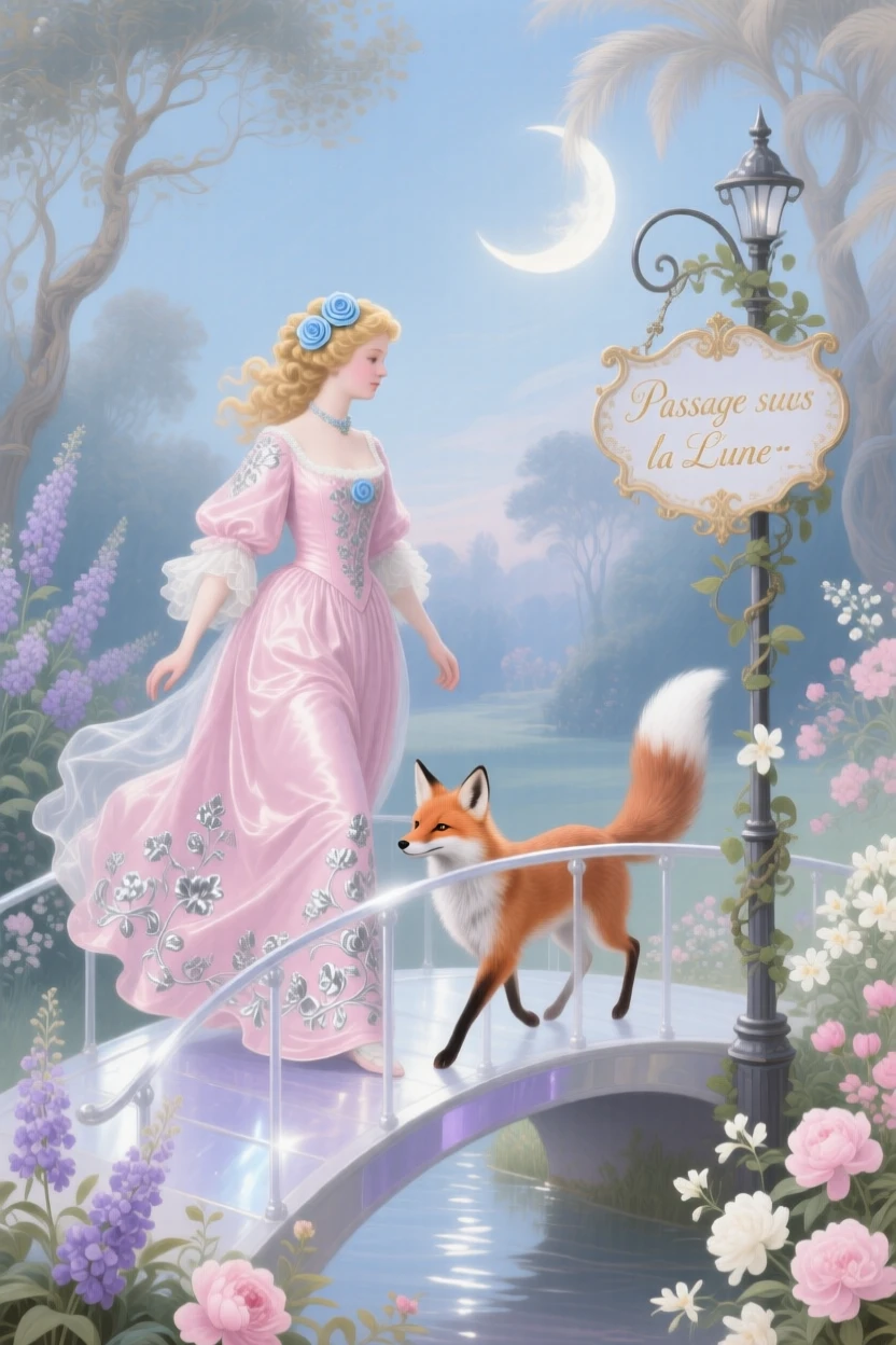 A princess and her fox companion crossing a bridge of moonlight  