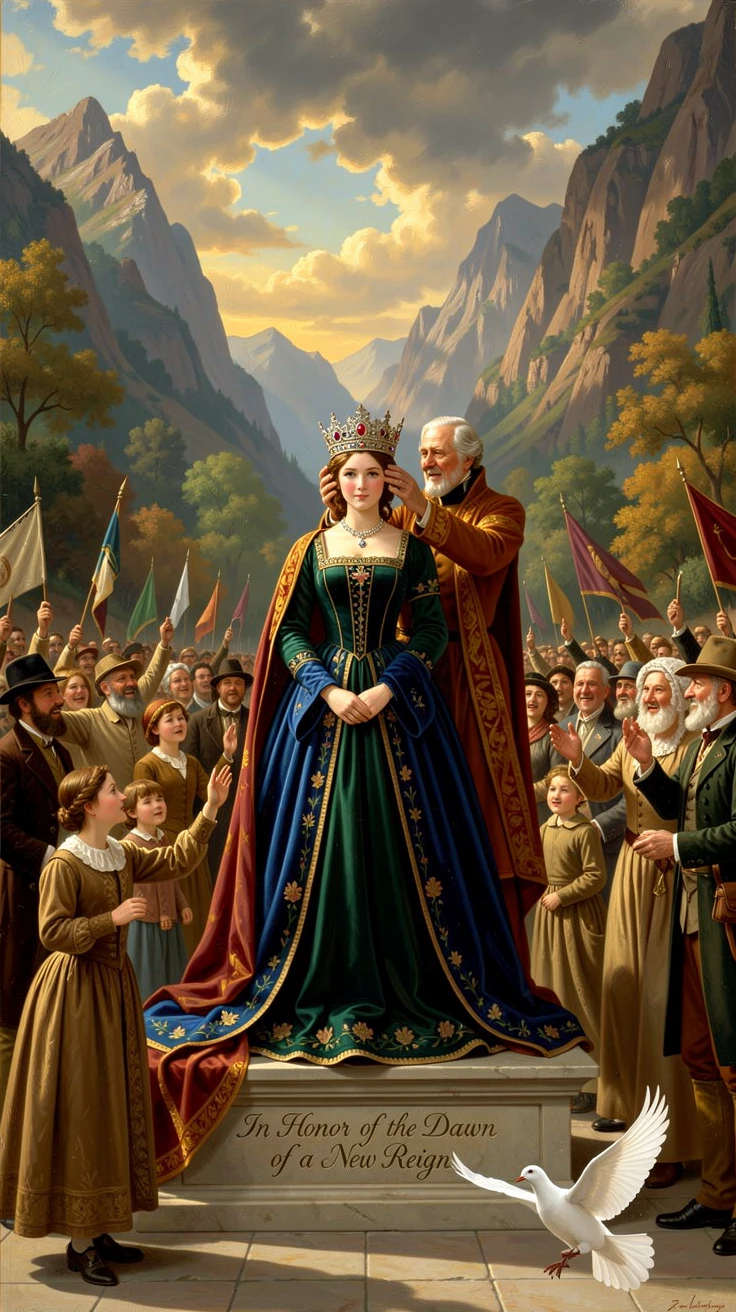 A young queen is crowned before a cheering crowd.