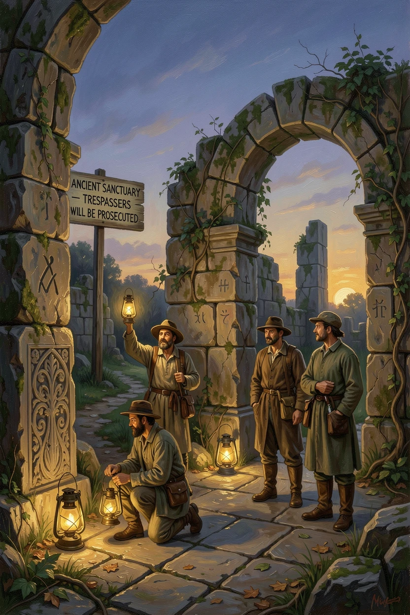 A group of travelers exploring ancient ruins by lantern light at dusk, as the golden light of dawn or dusk sets the perfect adventurous mood, celebrating exploration, discovery, and unforgettable experiences