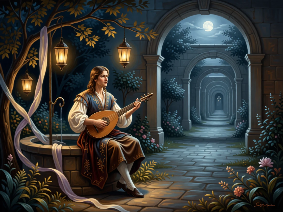 A wandering bard singing tales of old beside a village well at the story's most enchanting and memorable turn, set within a moonlit garden fit for legend, with lanterns swaying gently and silk ribbons catching the breeze; receding archways create a sense of stepping into another world, radiating whimsy touched with gentle melancholy.