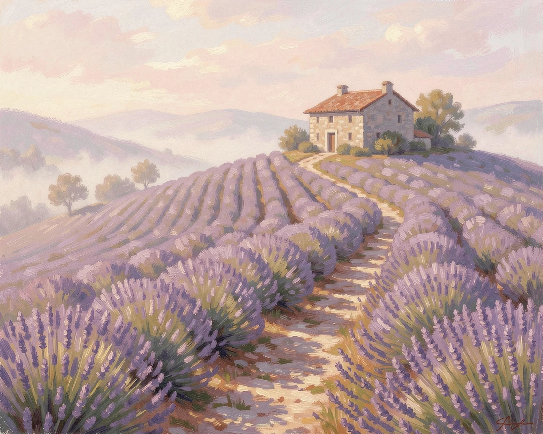A winding path through a hillside lavender field in full bloom, rows stretching toward a distant stone farmhouse under a soft afternoon sky, in the gentle hush of early morning.