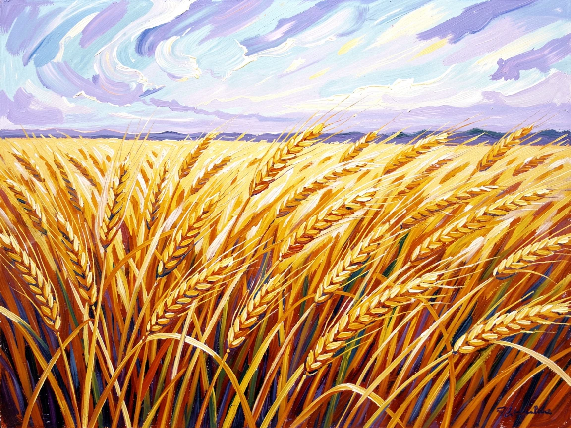 A field of wheat bending gently beneath the first light of a new day.