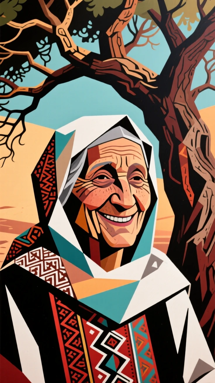 A close-up portrait of a grandmother of Bedouin heritage, smiling shyly, under the shade of an old tree.