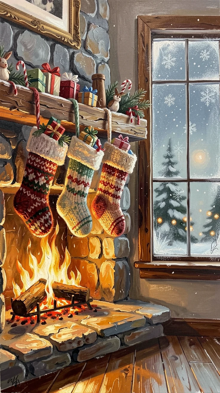 A cozy Christmas fireside scene shows stockings filled to the brim hanging beside a roaring fire as snow falls softly outside, the scene capturing a fleeting, candid moment within a larger ongoing celebration.