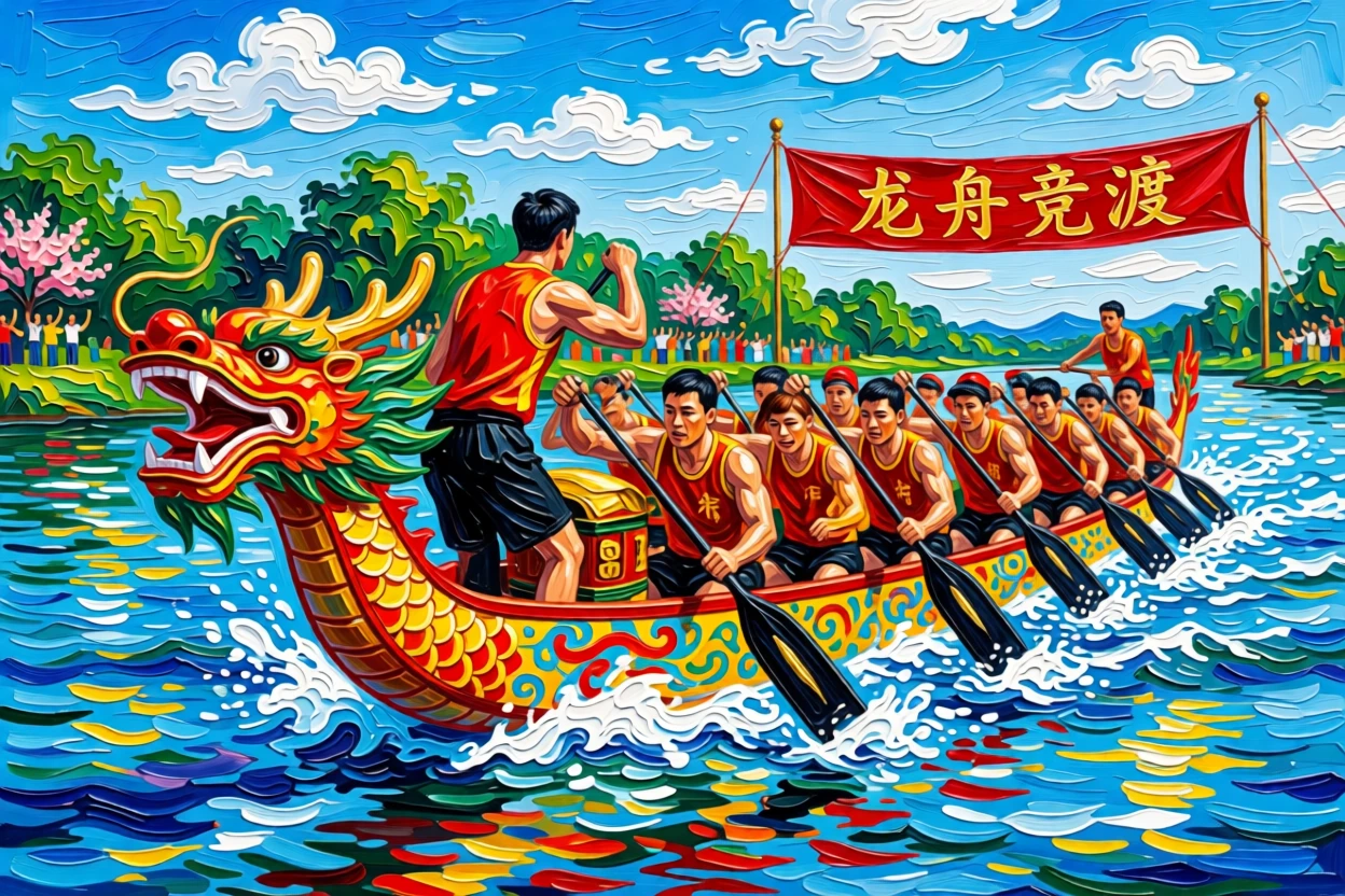 A traditional dragon boat race with paddlers pulling in unison across a vibrant river