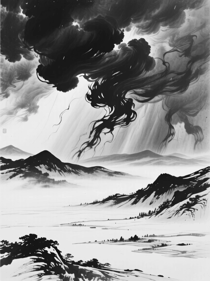 Storm clouds gather ominously over a wide open valley, with mountain ridges emerging and vanishing in the shifting mist.