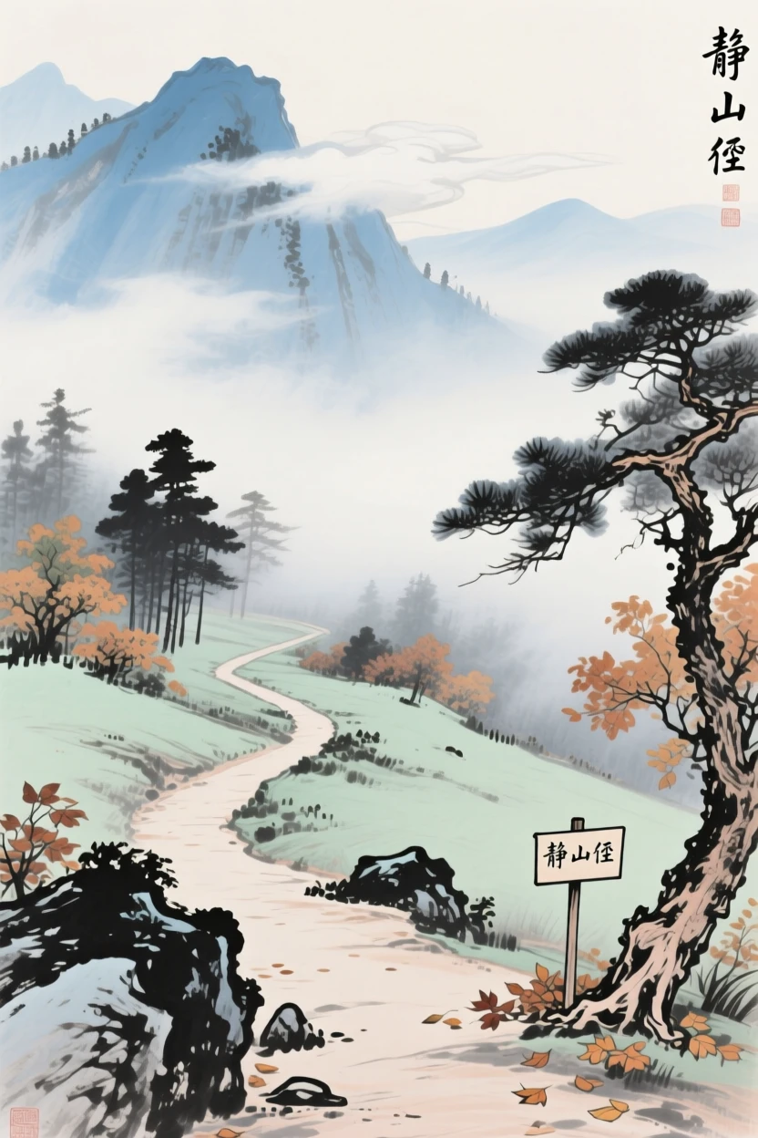An empty mountain path disappearing into drifting fog, under drifting clouds, at the turn of autumn.