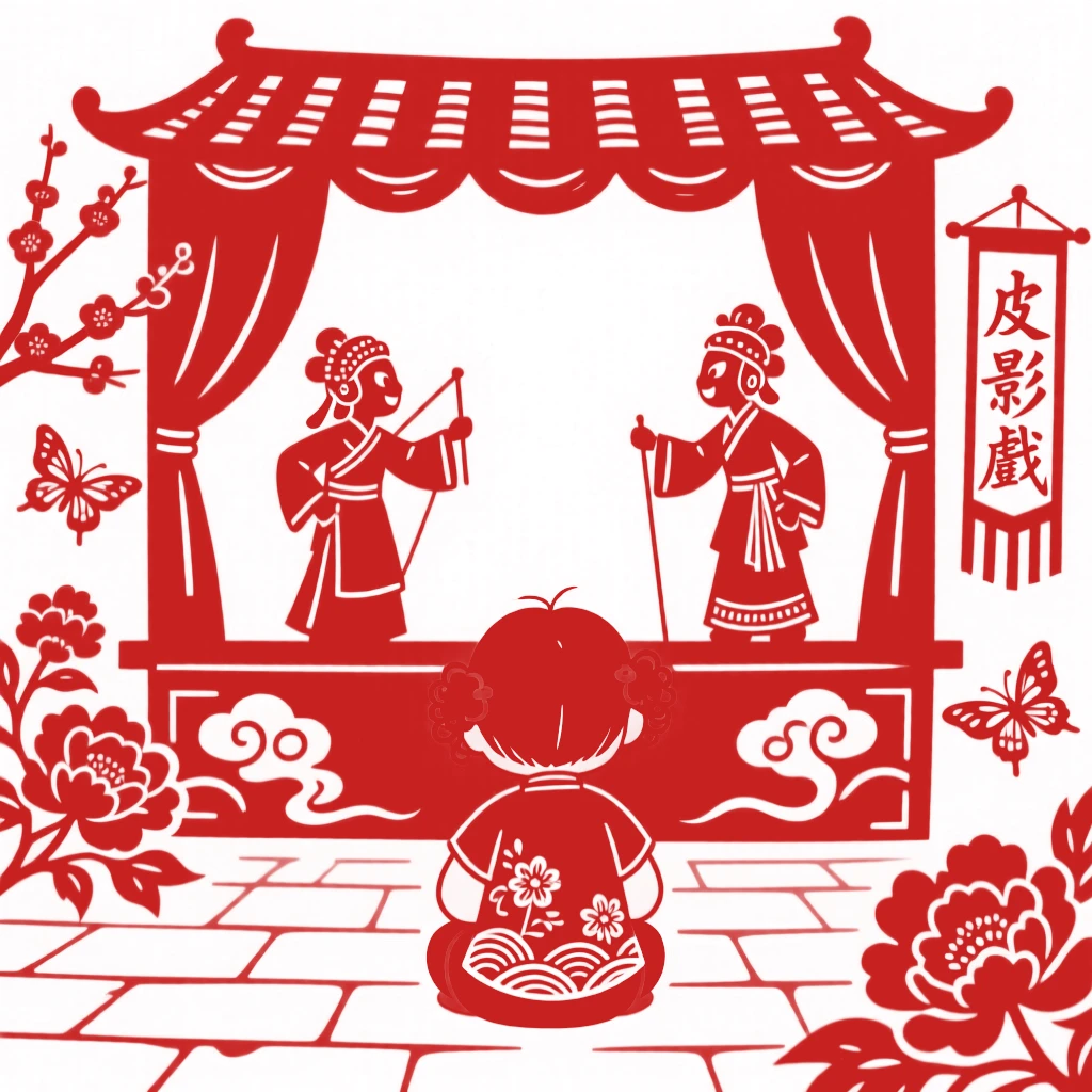 A curious little girl, watching a puppet show with wide, delighted eyes, their laughter echoing through the courtyard.