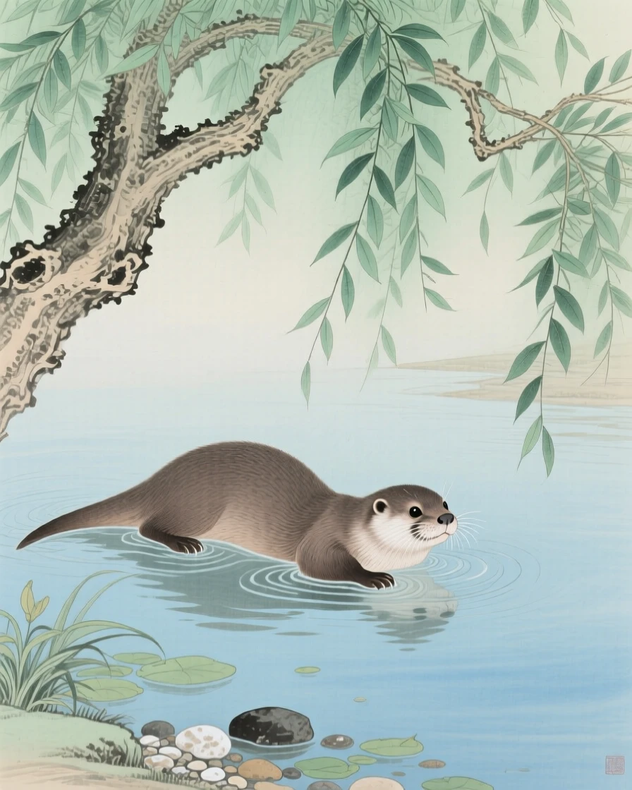 An otter floating on its back in a calm river under the shade of an overhanging willow tree