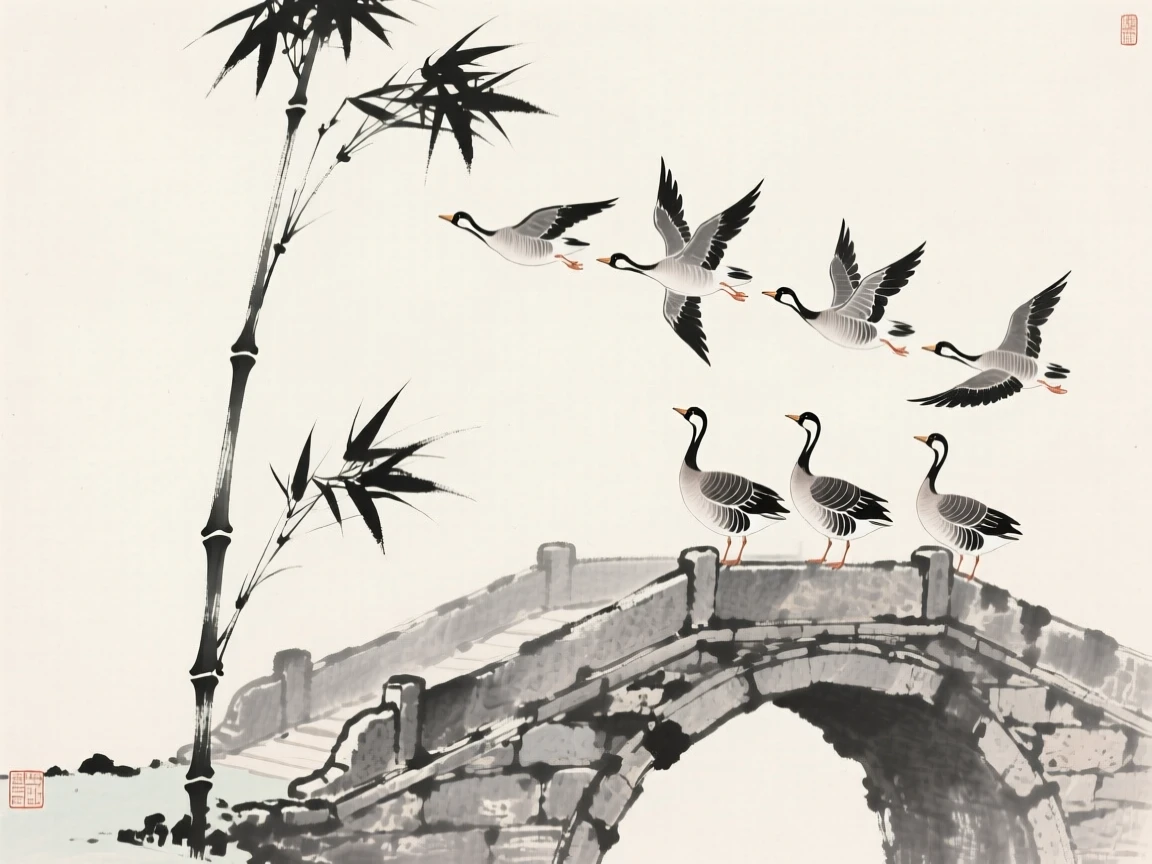 A formation of geese calling out from atop a tall bamboo stalk near an old stone bridge, framed against a wide expanse of open sky, conveying serenity and effortless movement.