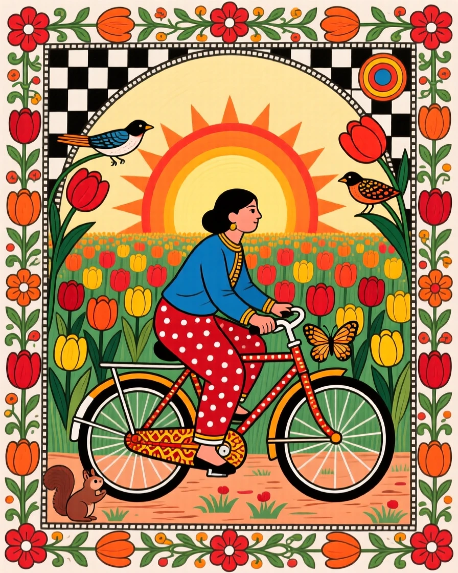 A cyclist riding past a field of blooming tulips at sunrise.