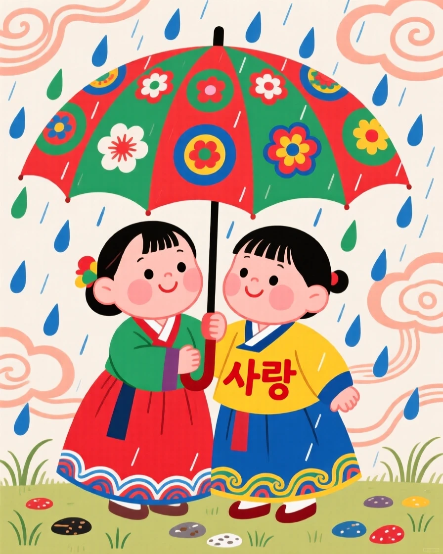 Two children sharing an umbrella in the rain.