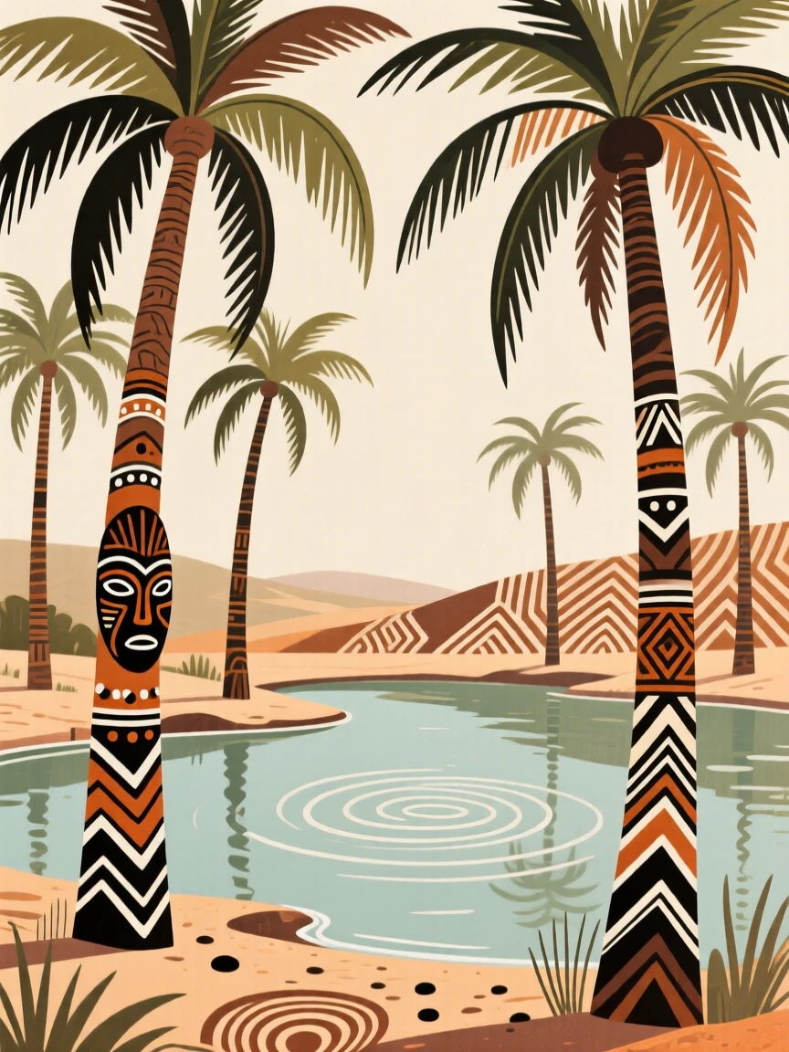 A quiet oasis surrounded by tall palm trees.