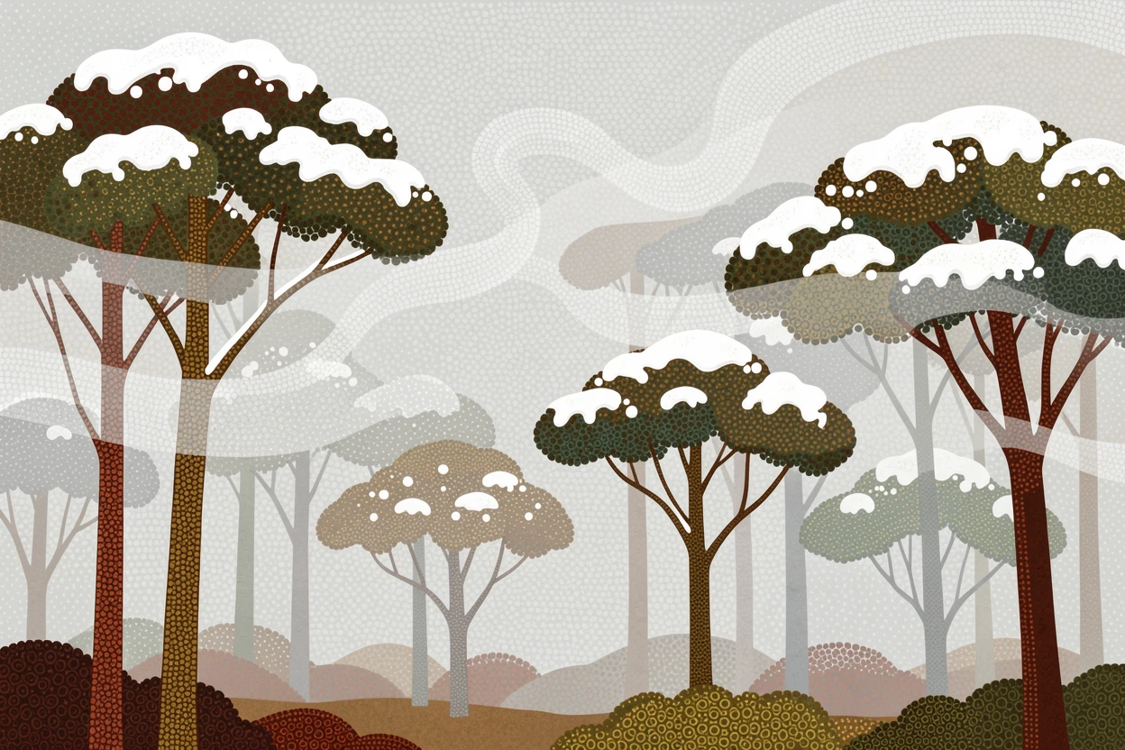 A fog-covered rainforest canopy after a fresh snowfall