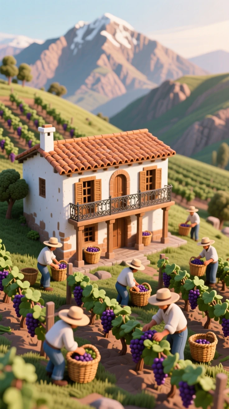A colonial Chilean vineyard hacienda with rows of grapevines climbing a hillside, workers harvesting beneath the Andes.