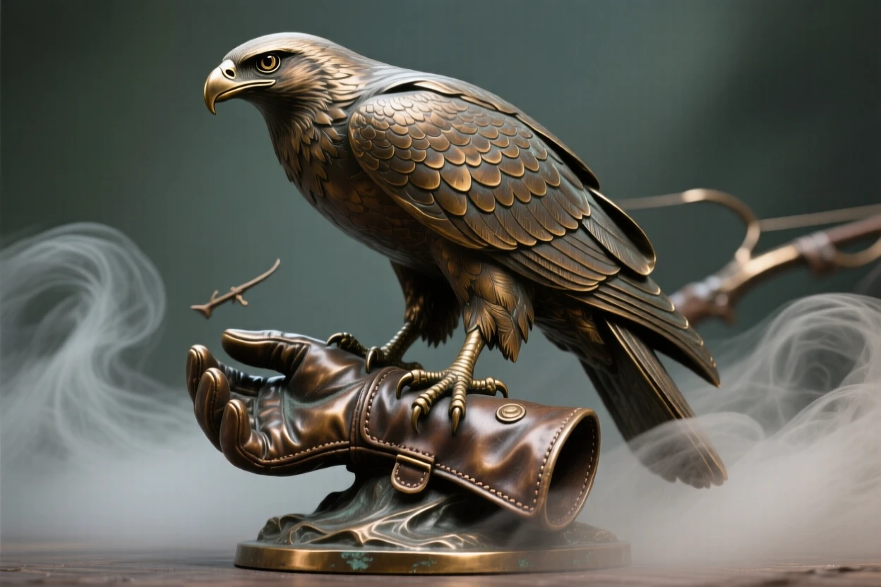 A majestic hawk perched on a hunter's leather glove, surrounded by atmospheric mist and light, evoking wonder and majesty