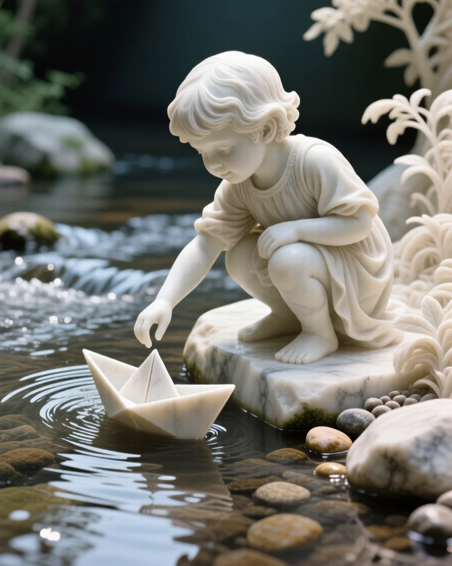A beautifully composed image of a child releasing a paper boat into a stream, captured with cinematic depth and detail, full of atmosphere and visual storytelling