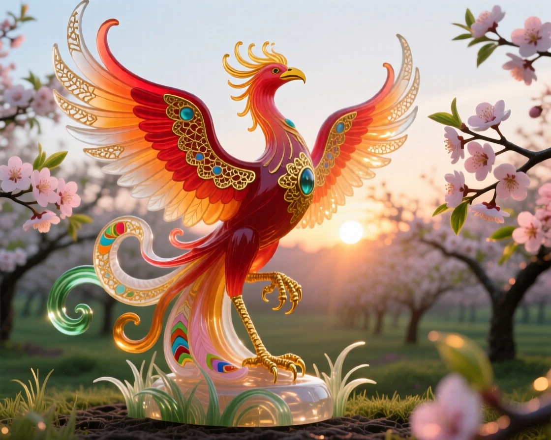 A grand phoenix rising above a blossoming cherry orchard at the very first light of the brightest sunrise, transformative and radiant.