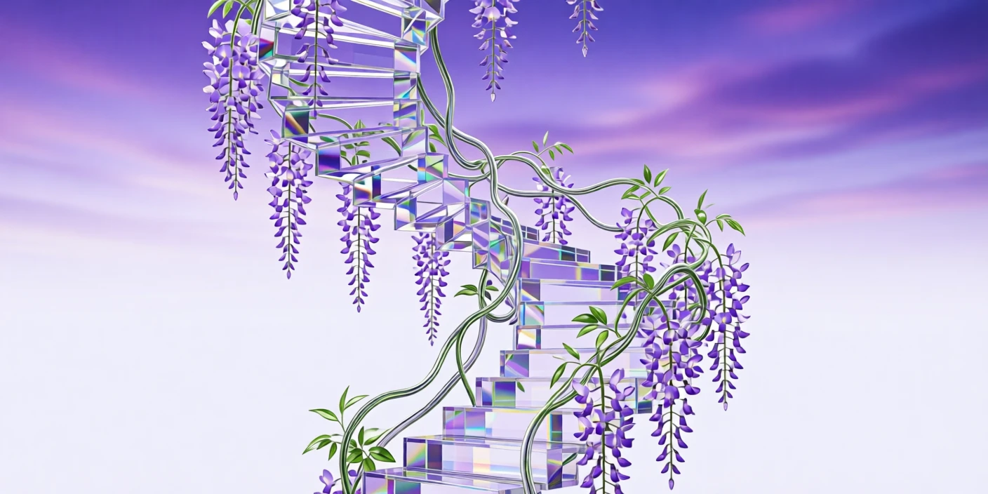 A dreamlike staircase of blooming wisteria ascending into a violet twilight sky.