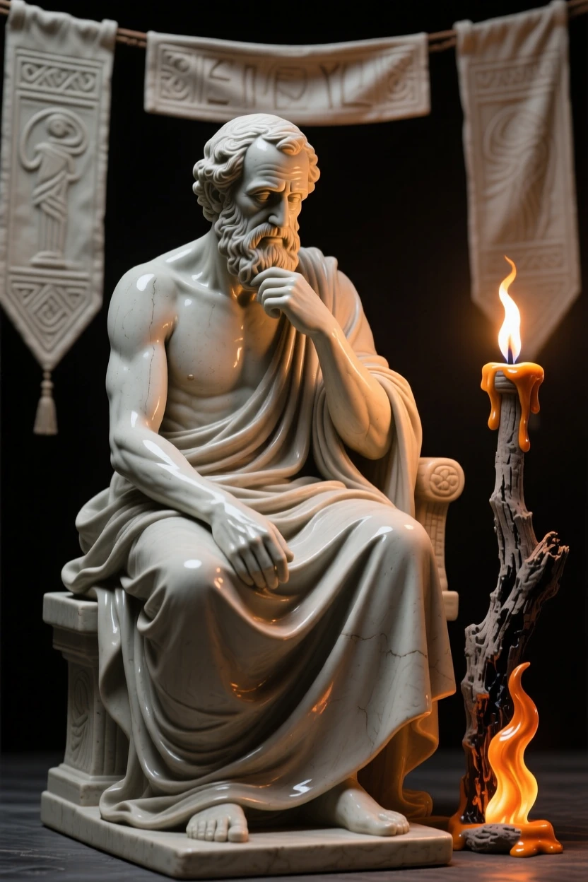 A Greek philosopher deep in thought posed regally beneath draping banners, lit by flickering torchlight, evoking reverence for ancient tradition.