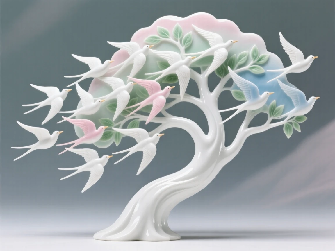 A dreamlike scene of a flock of birds forming the shape of a great tree in flight, rendered with soft, dreamlike light.