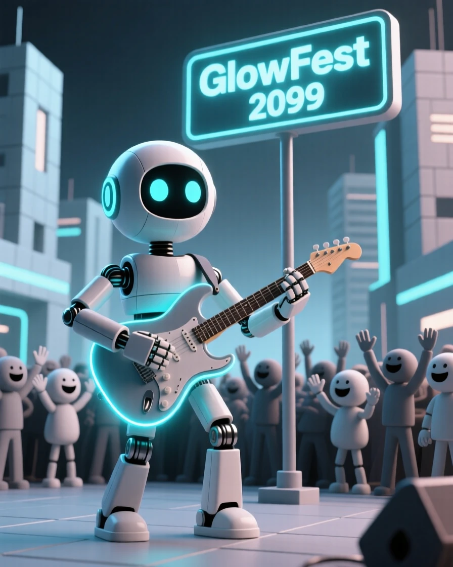 A cheerful robot musician strums a glowing guitar for a delighted crowd at a futuristic block party.