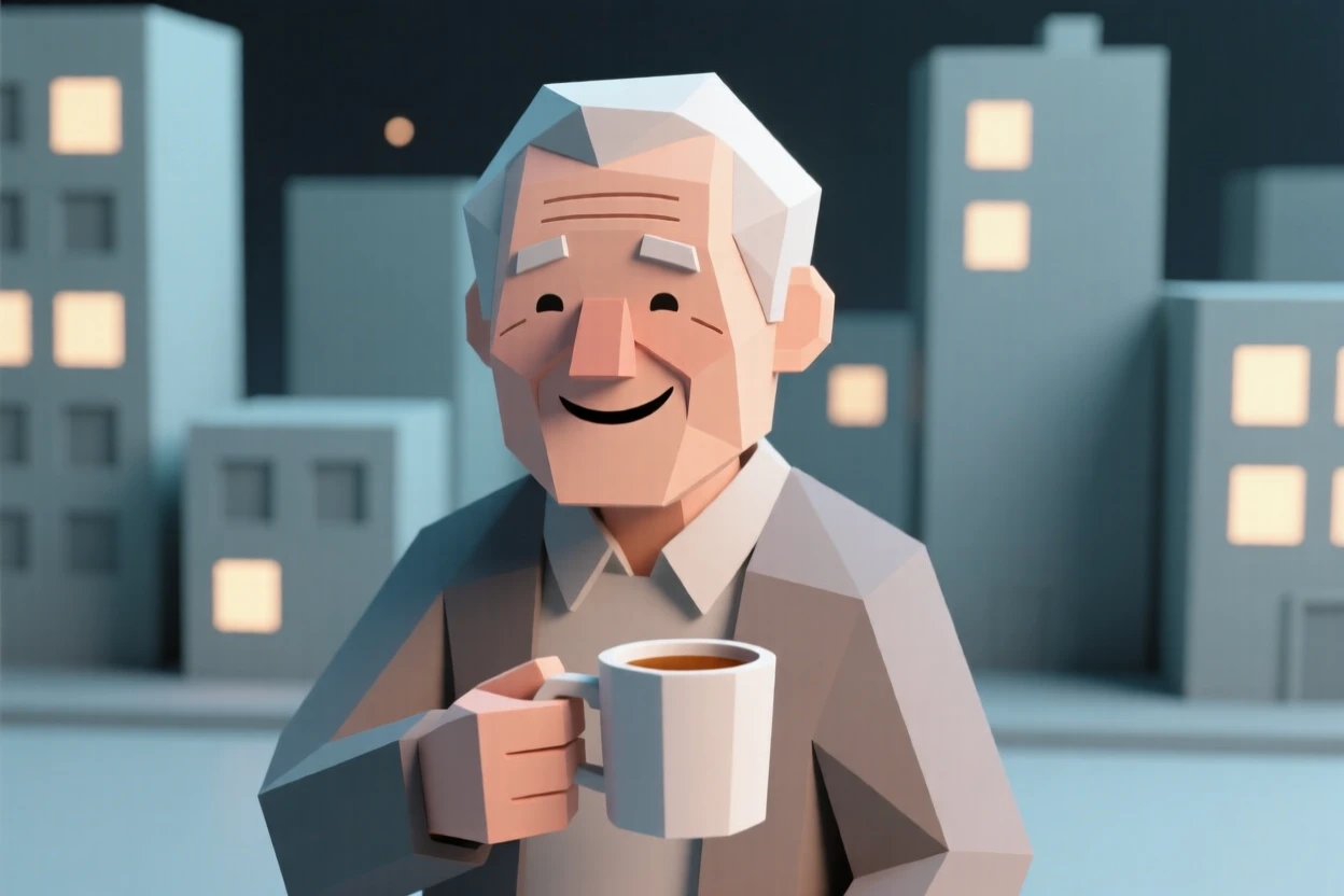 An elderly man smiling warmly over a cup of tea, against a backdrop of city lights. fine details in expression bring the moment to life. A gentle warmth radiates through the scene.