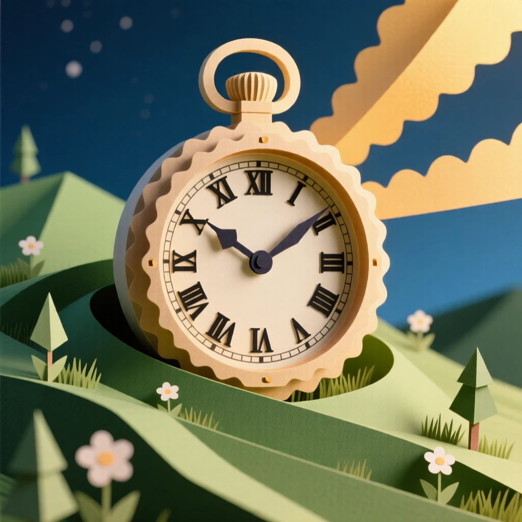 A gigantic pocket watch embedded in a hillside set against a deep starry night sky, with soft golden light spilling outward, capturing whimsical, surreal beauty.