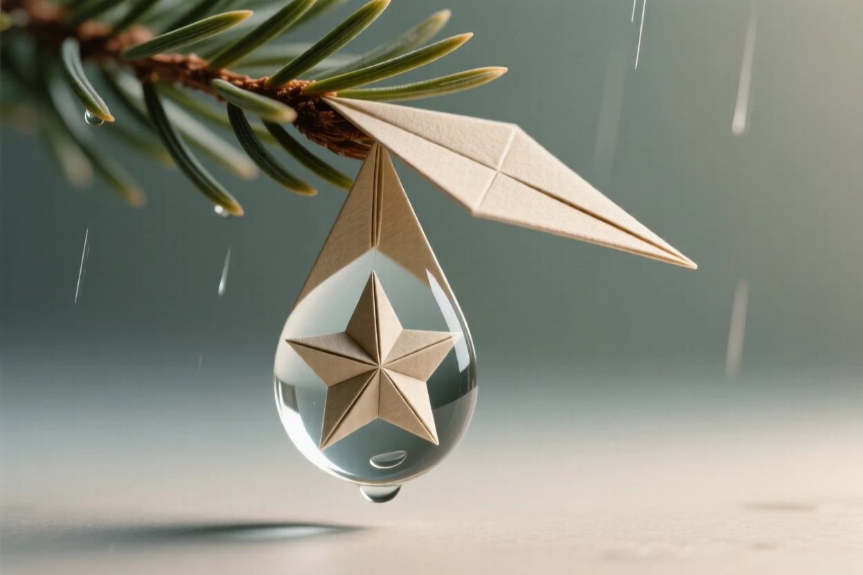 A single star reflected in a raindrop hanging from the tip of a pine needle.