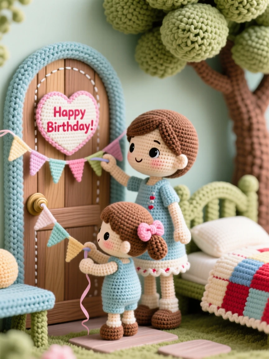 A heartwarming family moment: siblings decorating their bedroom door for a birthday with handmade paper streamers, stepping back to admire their work within a peaceful park bench beneath a shady tree; a warm quilt draped over a nearby chair nearby, full of heartfelt closeness and shared happiness.