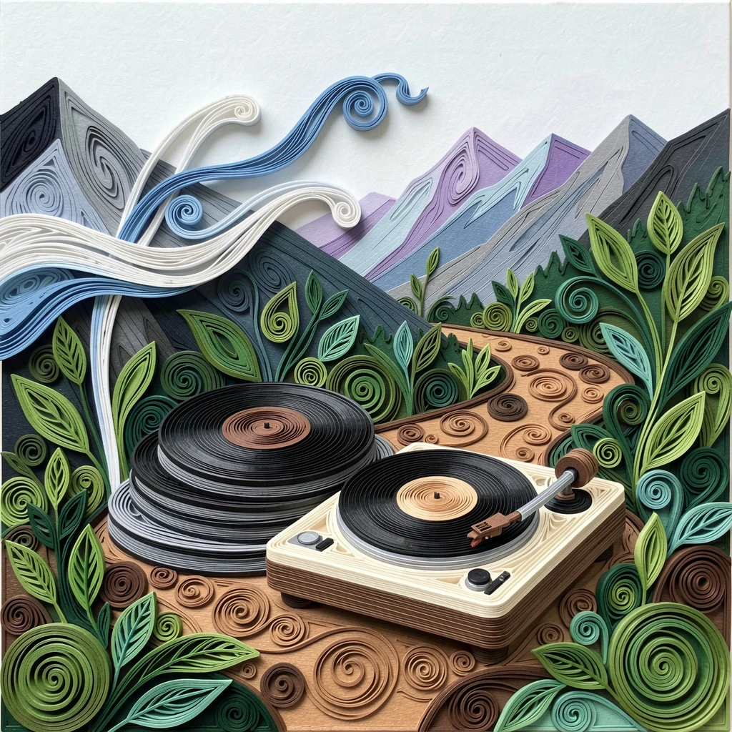 A relaxed modern lifestyle scene of a stack of vinyl records beside a retro turntable along a scenic mountain hiking trail, with a light breeze catching loose fabric or leaves, framed from a casual eye-level perspective.