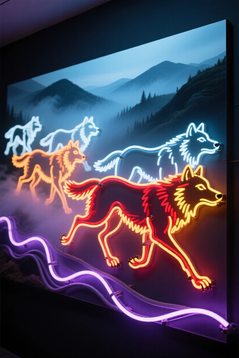 A pack of wolves with glowing markings running through a misty valley.